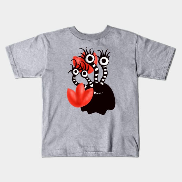 Cute Monster With Four Eyes Abstract Tulips Kids T-Shirt by Boriana Giormova